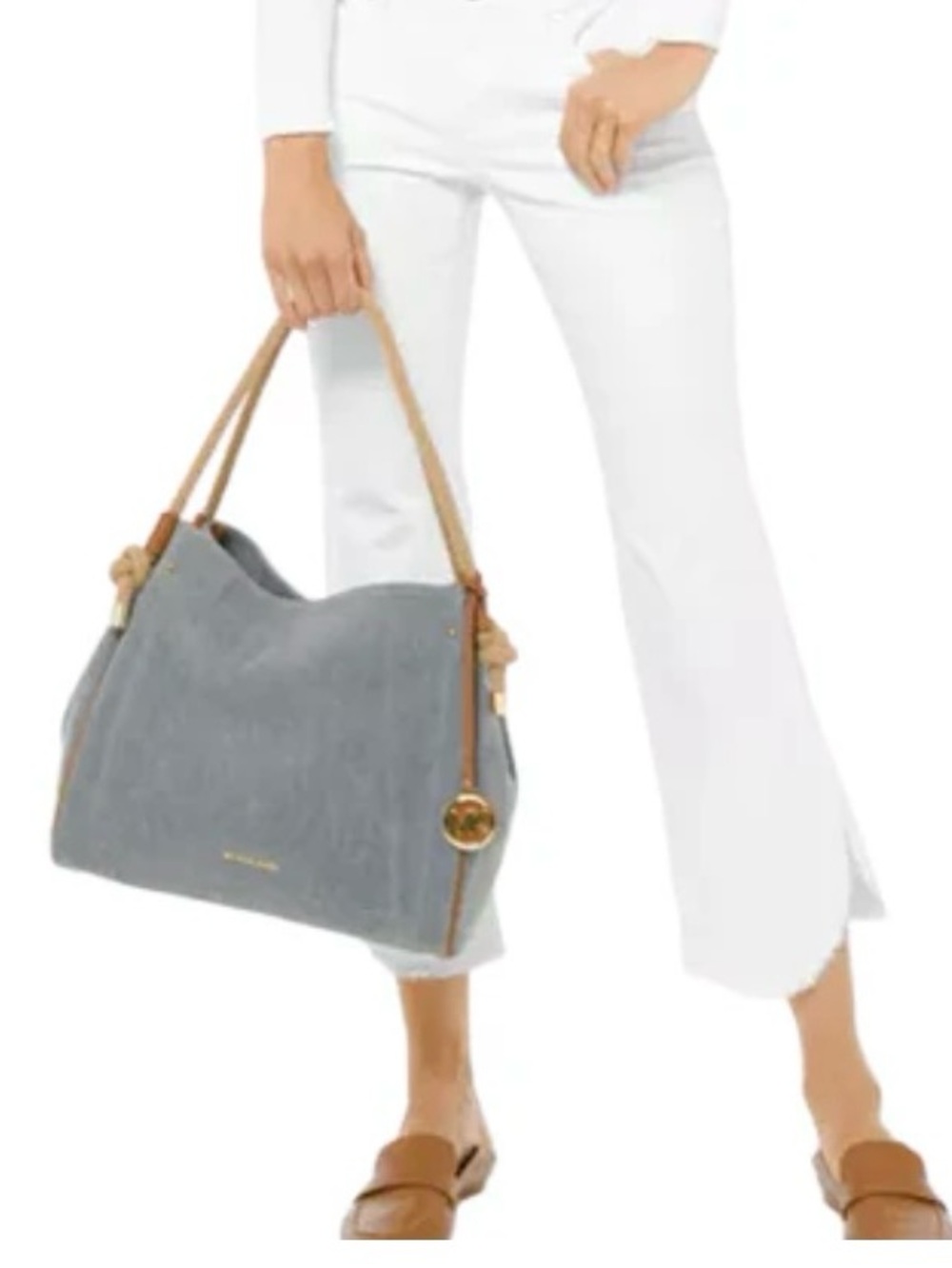 Michael Kors Isla Rope handle, Light Blue Denim w/ Gold Hardware & leather bag